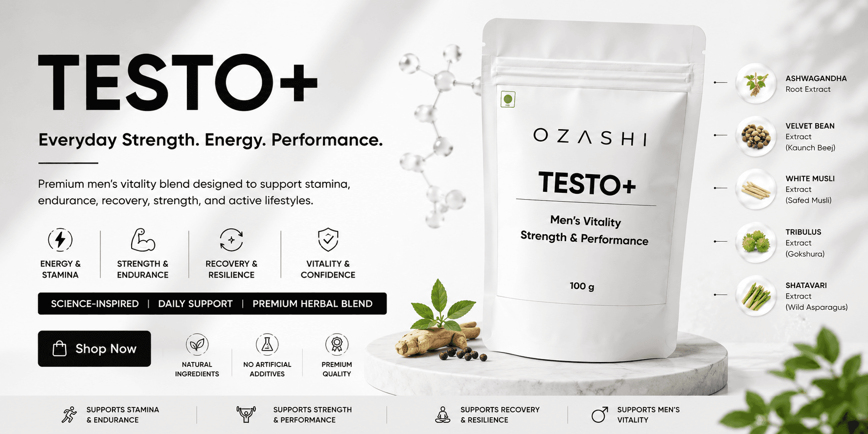 Testo+ — everyday strength, energy and performance. A premium men's vitality blend for stamina, endurance and recovery.