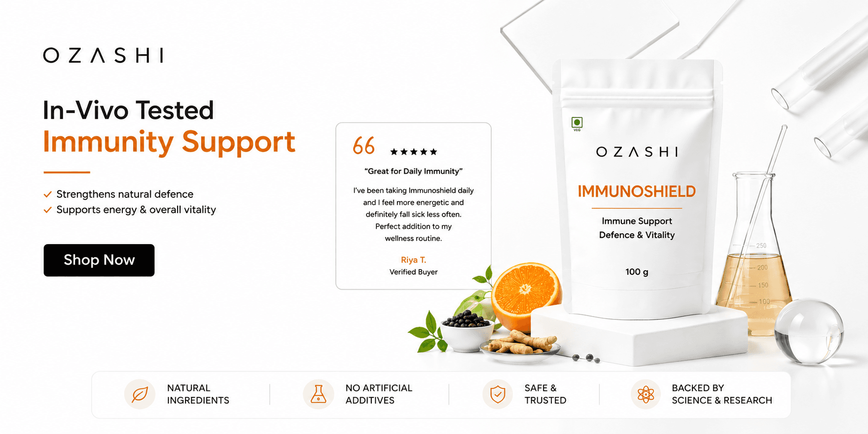 Immunoshield — in-vivo tested immunity support. Strengthens natural defence and supports energy and overall vitality.